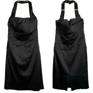WHBM | Shiny Black Satin Halter Mini Dress Lined Pleated Side Zip Back Slit Sz 4
